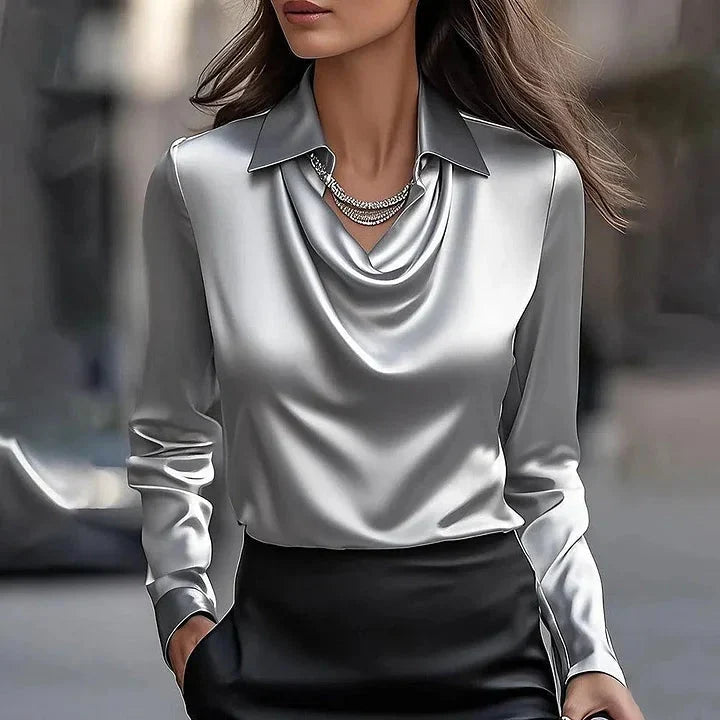 Natalia | Elegant Draped Neckline Satin Blouse