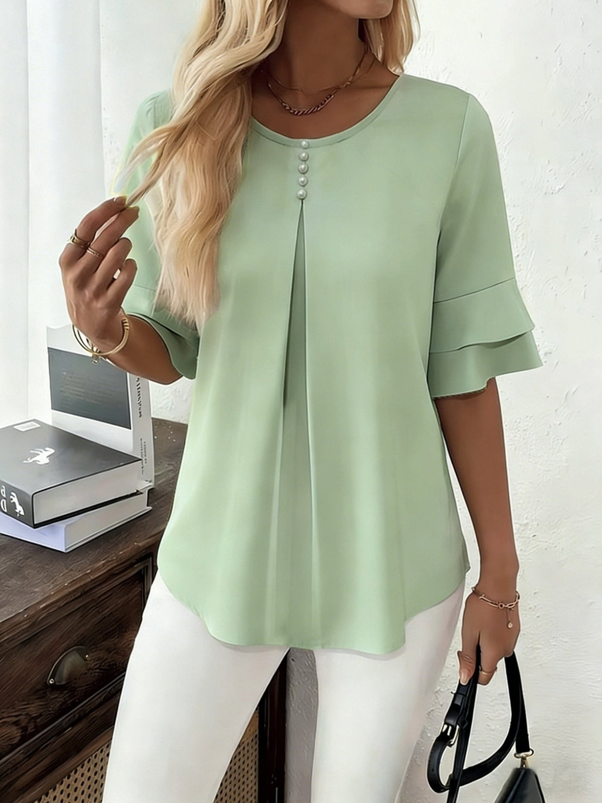 Celina | Flared-Sleeve Pleated Blouse