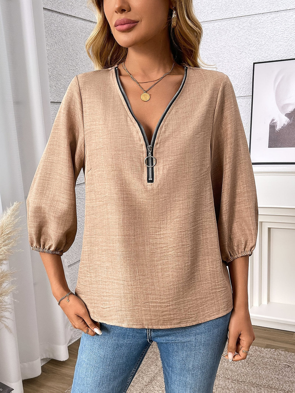 Livia | Zip-Front V-Neck Blouse