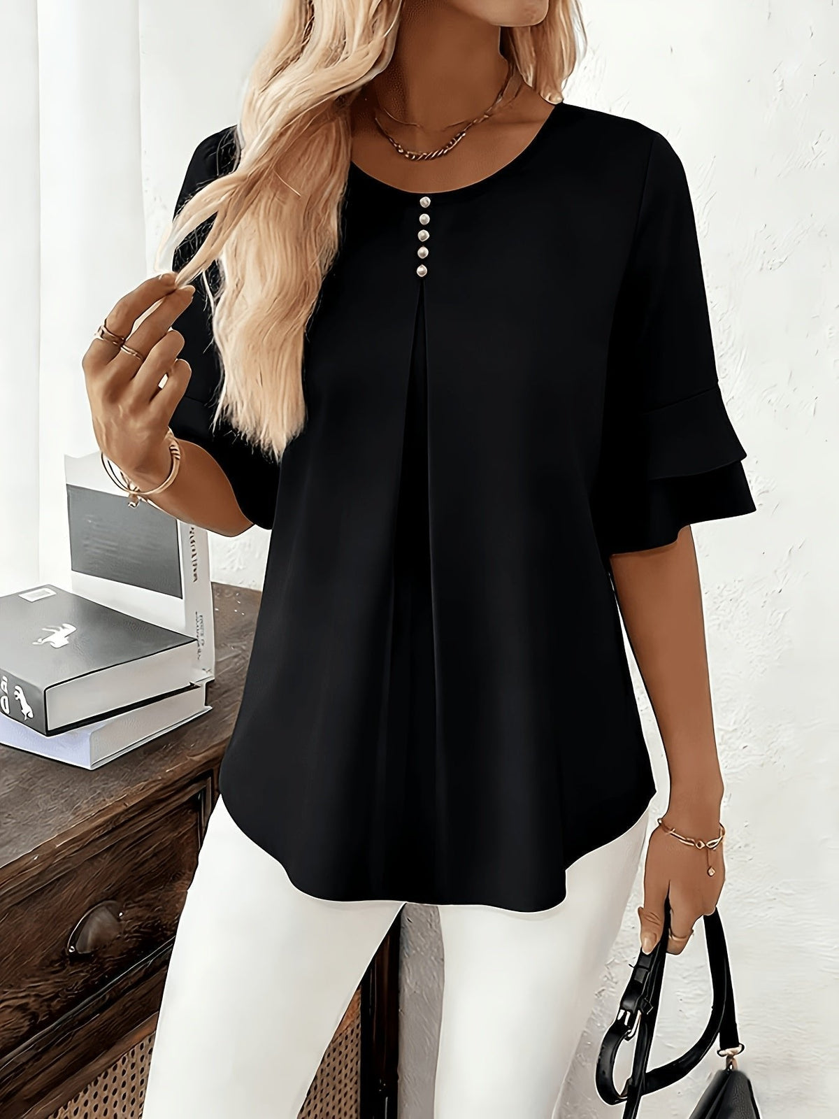 Celina | Flared-Sleeve Pleated Blouse