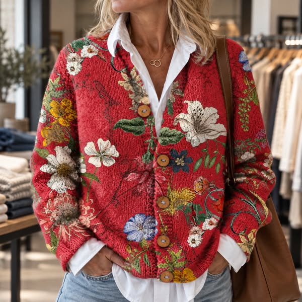 Women's Vintage Floral Art Print Buttoned Cardigan Sweater