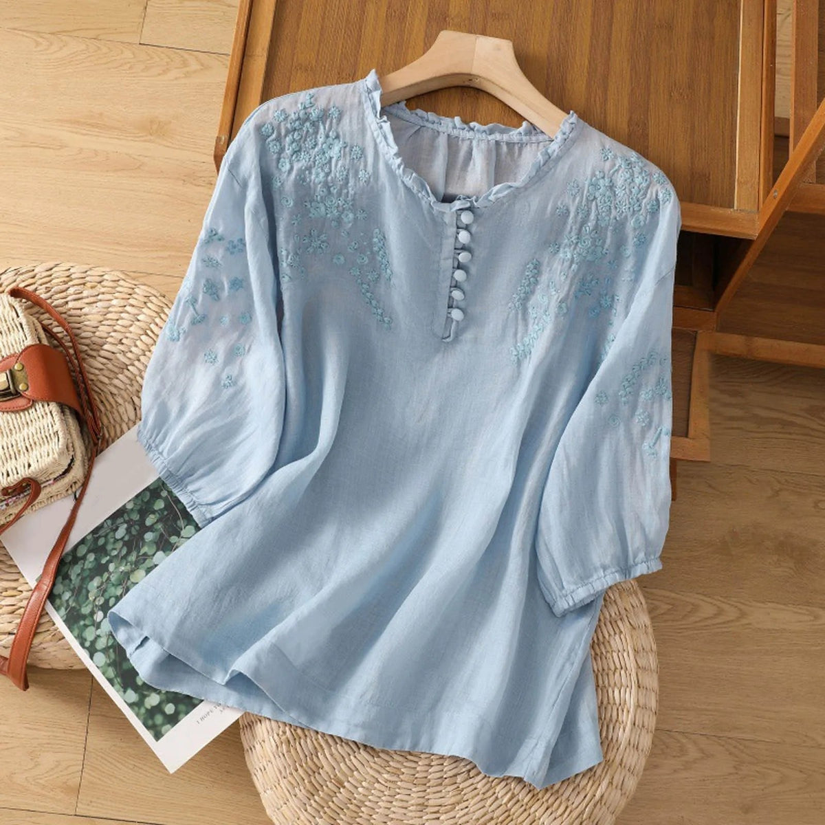Samira | Floral Embroidered Ruffle Neck Blouse