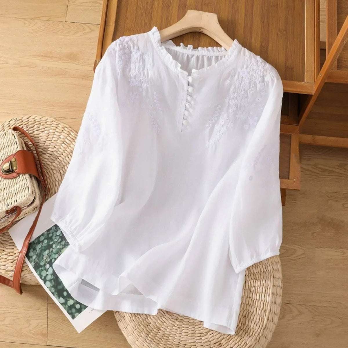 Samira | Floral Embroidered Ruffle Neck Blouse