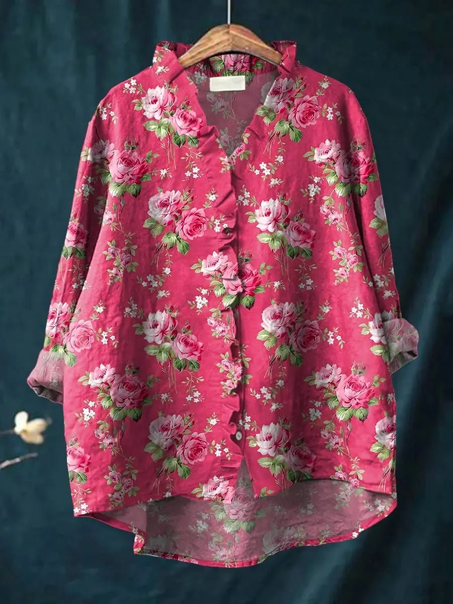 Evelina | Beautiful And Airy Floral Ruffle-Trim Linen Blouse
