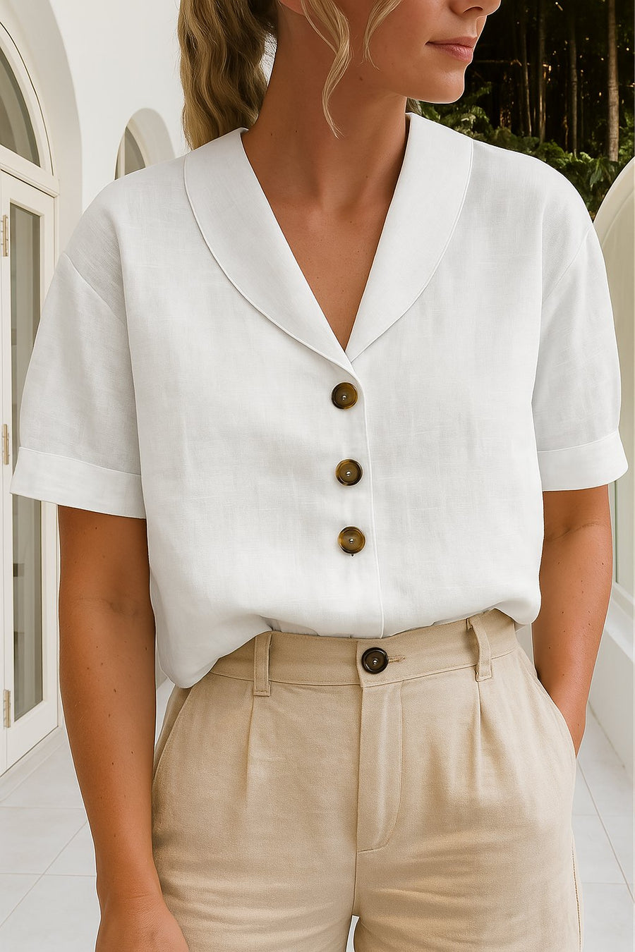 Liliana | Chic Short Sleeve V-Neck Button-Front Blouse