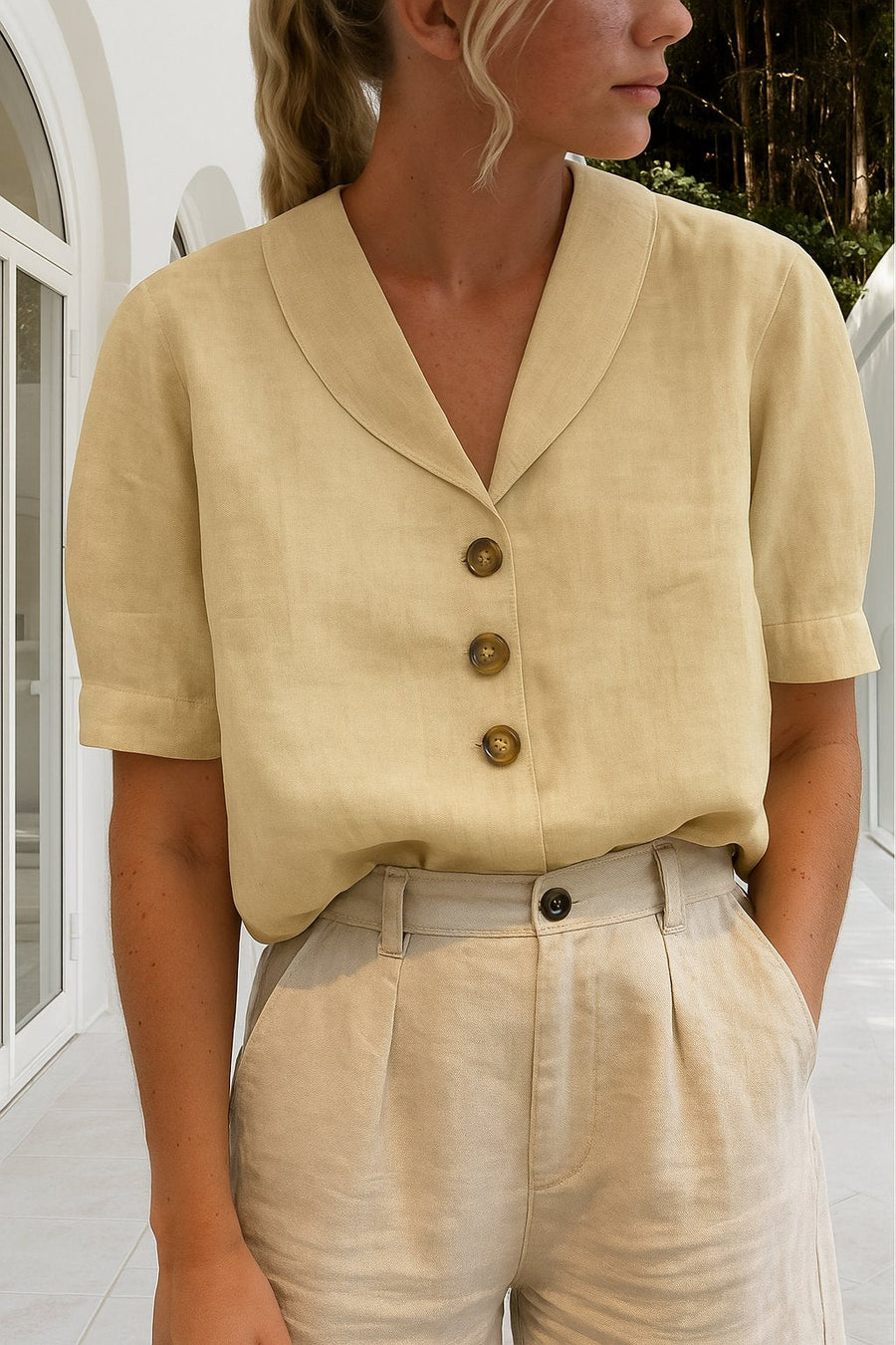 Liliana | Chic Short Sleeve V-Neck Button-Front Blouse