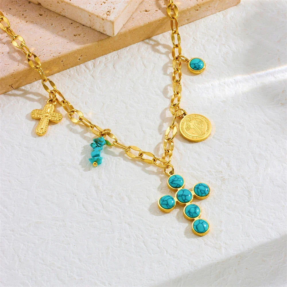 Blessed Turquoise Gemstone Cross Necklace