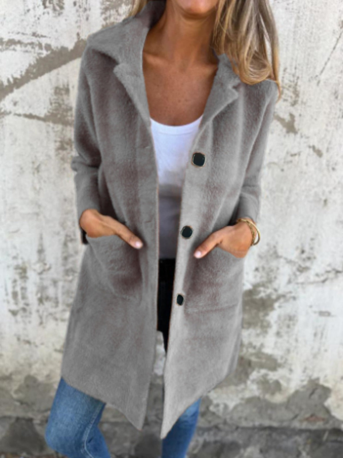 Women’s Long Sleeve Button Front Coat With Pockets