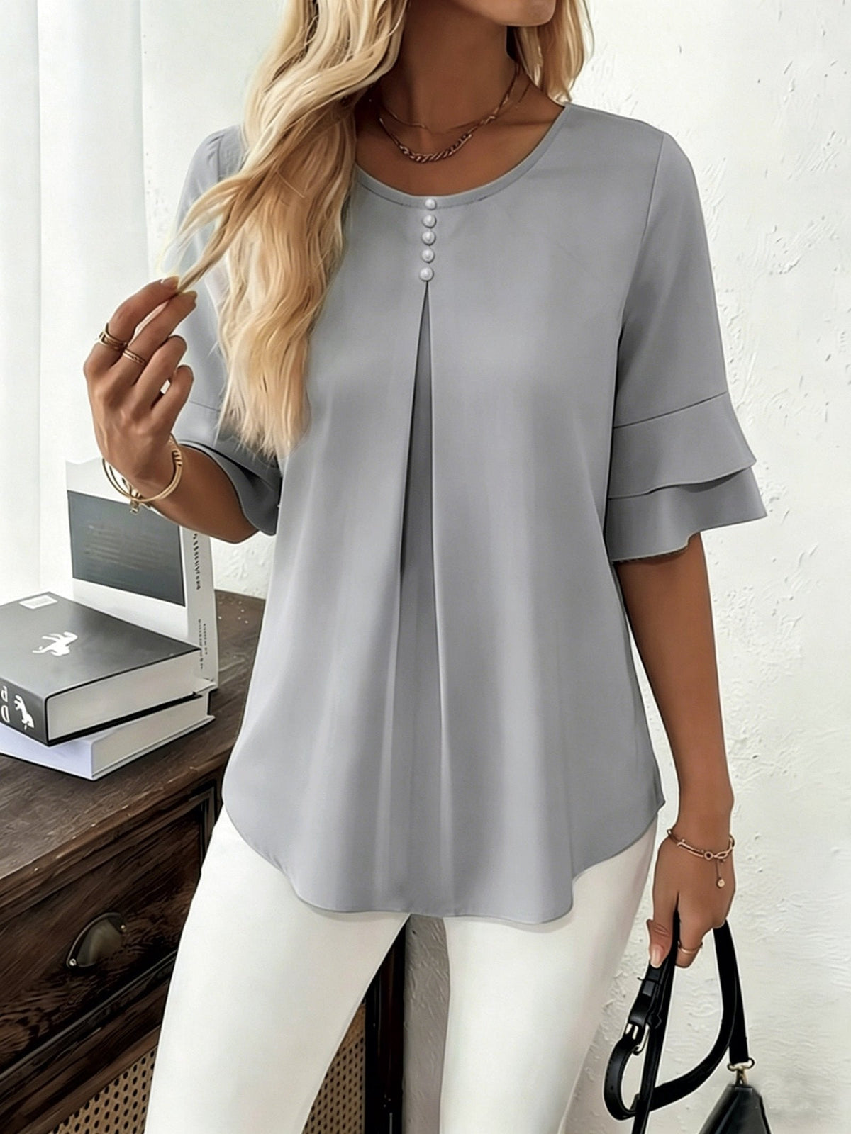 Celina | Flared-Sleeve Pleated Blouse