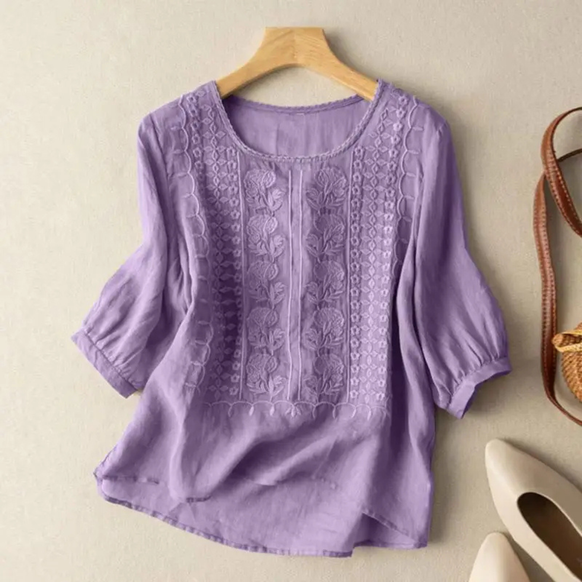 Arwen | Relaxed Embroidered 3/4 Sleeve Blouse