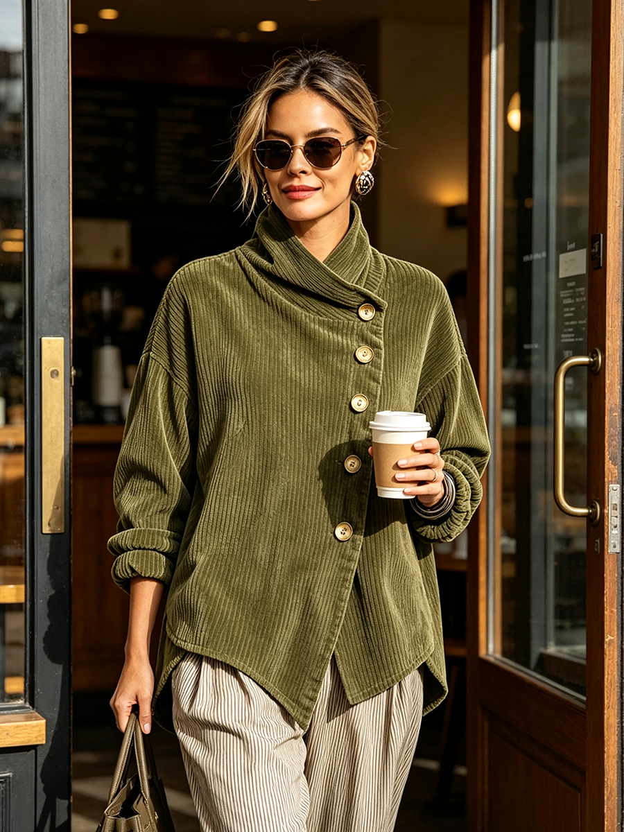 Chic High Funnel Neck Asymmetric Corduroy Top